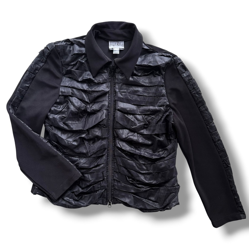 Joseph Ribkoff Size 14 Black Texture Crinkle Collar ZipUp Jacket Canada Moto Y2K
